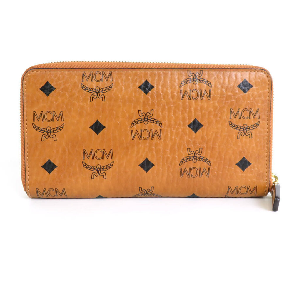 Mcm Brown Rhinestone Wallet Metal Leather Zipper Round Long Brown